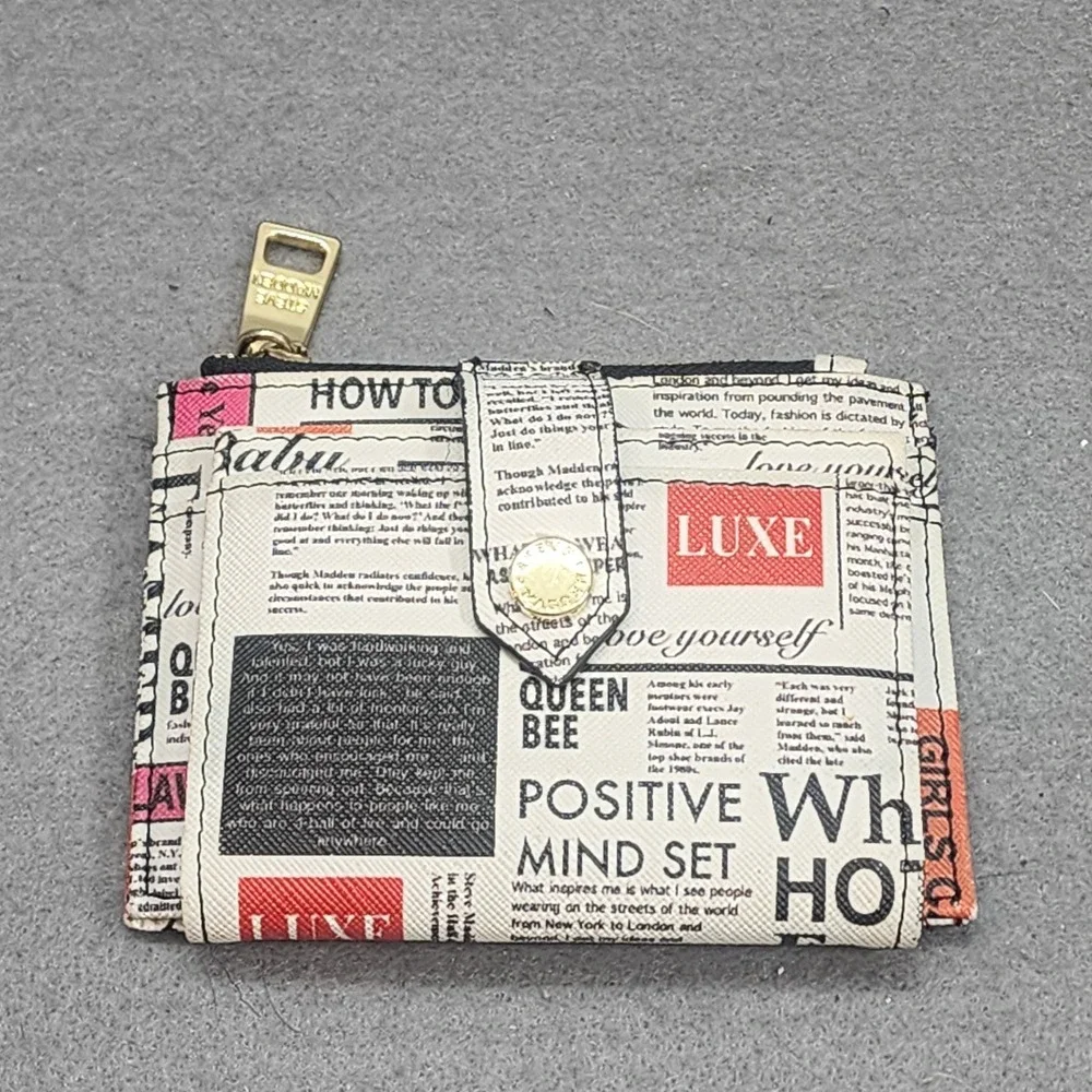 Steve Madden Bifold Wallet Newsprint Typography Print Gold Tone Women OS